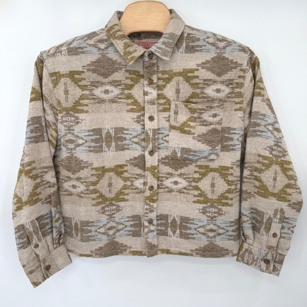 Trademark Cloth Shirt Womens L Tan Southwestern Boxy Fit Woven Button Up Pocket